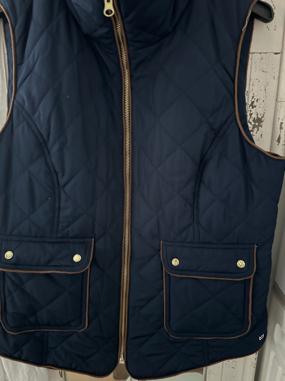 crown & ivy Quilted Navy Vest with Brown Trim and Gold Hardware - Picture 3 of 5